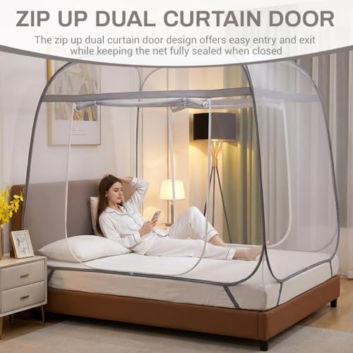 Image of HASTHIP Double Bed Mosquito Net with Stand Pop Up Fine Mesh Canopy Tent Frame with Dual Door for Bedroom 180x200x145cm