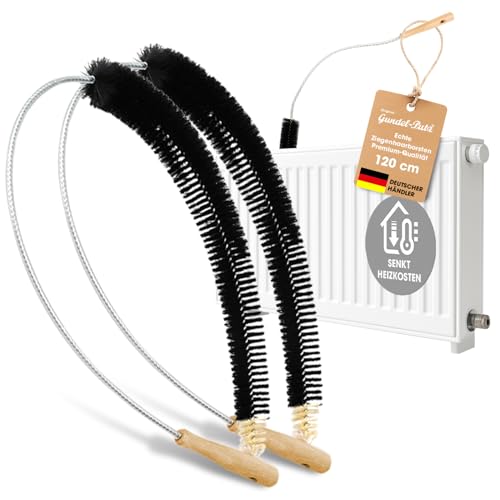 Gundel-Putz 2X Heizkörperbürsten 120cm mit Ziegenhaar Borsten für Heizkörperreinigung - Heizungsbürste, Flachheizkörper, Rippenheizkörper - Reinigungsbürste mit Edelstahldraht & Kunststoffummantelung