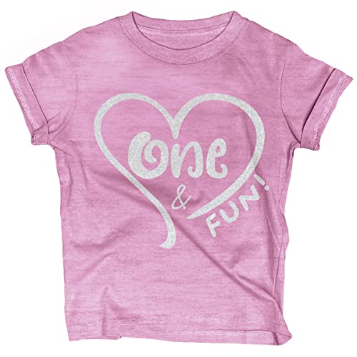 Heart Motif One & Fun T-Shirt for 1 Year Old Baby Girl First Birthday Toddler Outfit 12M Silver Pink/H SS