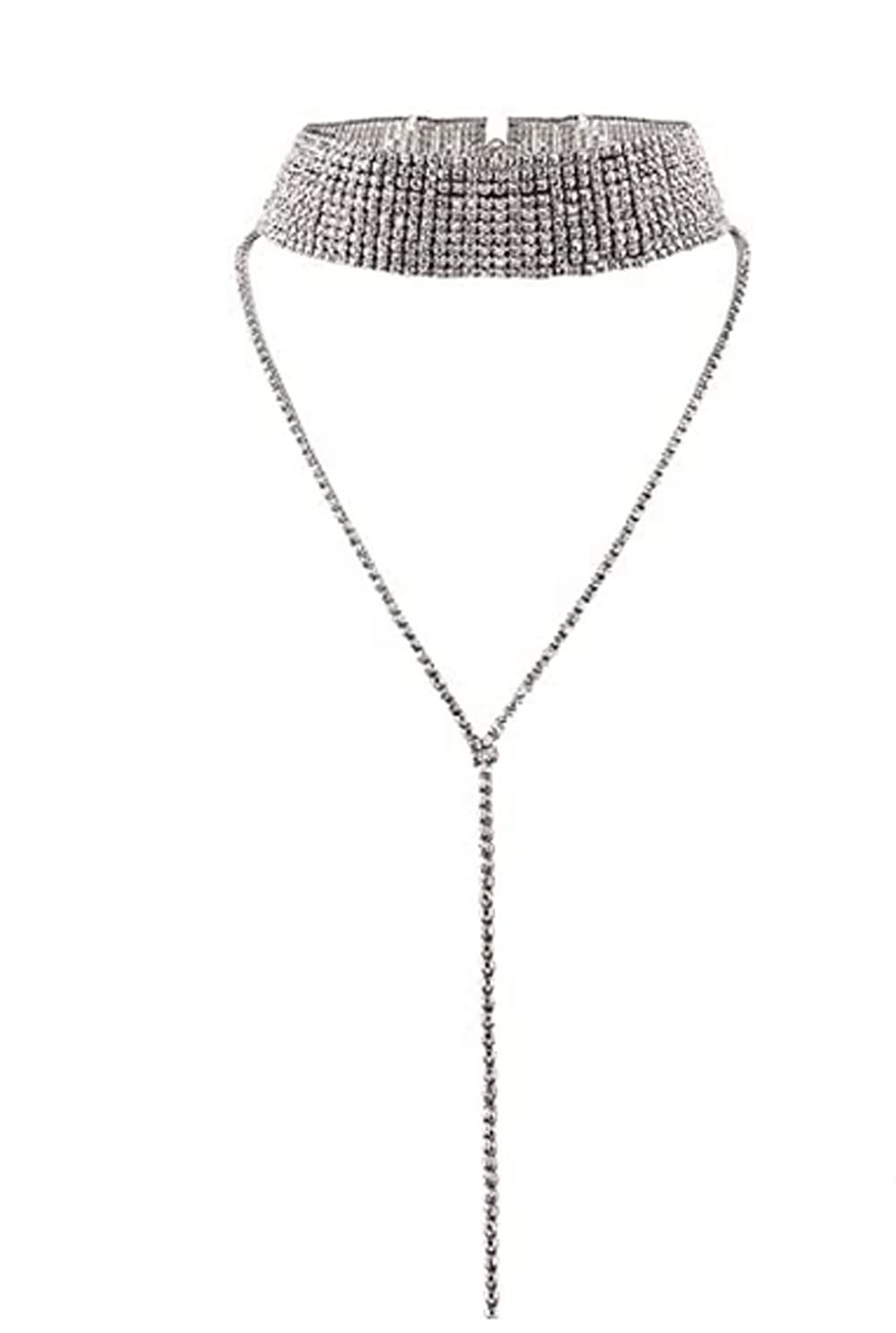 BSLVWGSexy Party Sparkle Multi-rows Rhinestones Choker Necklace Round Neck Long Pendant NightClub Adjustable Necklace Jewelry for Ladies Women
