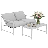 Outsunny Salon de Jardin Extérieur 2 Pièces, Canapé 2 Places avec 2 Coussins et Table Basse en Verre Trempé Marbré 3D, Mobilier de Jardin pour Terrasse Balcon Jardin, Acier, Gris Clair