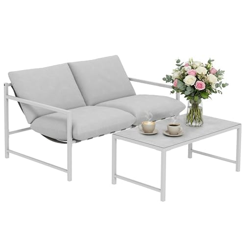 Outsunny Salon de Jardin Extérieur 2 Pièces, Canapé 2 Places avec 2 Coussins et Table Basse en Verre Trempé Marbré 3D, Mobilier de Jardin pour Terrasse Balcon Jardin, Acier, Gris Clair