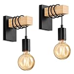 Lightess 2 Pack Wooden Wall Light Vintage Industrial Wall Sconce Light Indoor Rustic Wall Light E27 Bulb Base Wall Lighting Fixture for Living Room Stair Hallway Gate Restaurant Wall Lamp -Black