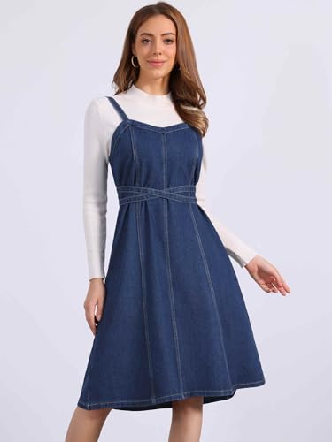Allegra K Women Midi Denim Dress Sleeveless Sweetheart Neck Smocked Cross Back A-Line Belted Jean Dresses2