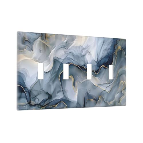 Decorative Switch Plate Covers Abstract Ink Blue Marble Glod Line Texture 4 Gang Light Switch Cover Plate Quad Toggle Wall Plate Light Switch Covers for Bathroom Kitchen Decor