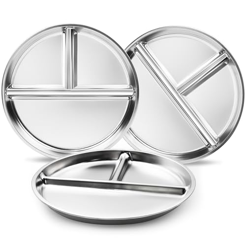 Image of Bakpoco Stainless Steel Kids Plates Set of 3, 9" Portion Control Plates Divided Plate for Adults Toddlers Balance Lunch, Bariatric & Diabetic Diet, Non Toxic Camping Metal Snack Plate for Eating