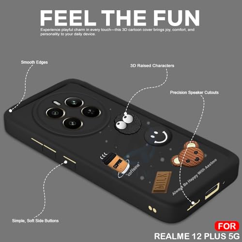 Image of AESTMO Back Case Cover for Realme 12 Plus / P1 / Narzo 70 /70 Pro 5G | Cute Fun Cartoon 3D Ball | Coffee Silicone Case | Full Body Protection | Camera Protection Back Cover (Black)