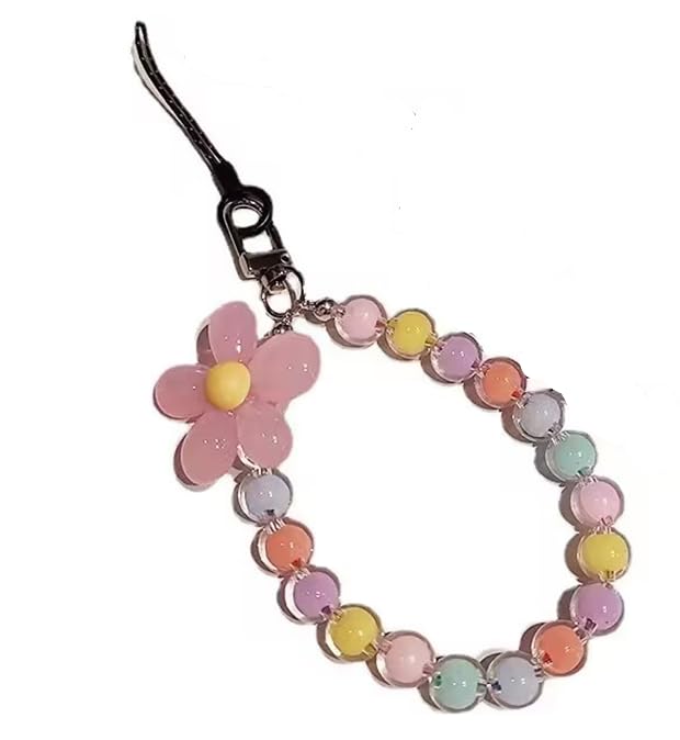 Mobile Phone Strap Beaded Flower Bracelet Creative Hanging Rope Keychain Mobile Phone Lanyard Beaded Flower Anti-Lost Phone Case Lanyard Girl Women's Wrist Strap Phone Charms Décor (Colorful)
