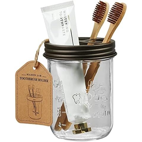 Amolliar Mason Jar Toothbrush Holder- Rustproof Stainless Steel - Holds 2 Toothbrushes and Toothpaste,with Chalkboard Labels - Farmhouse Décor Bathroom Countertop and Vanity Storage Organizer,Bronze Cover