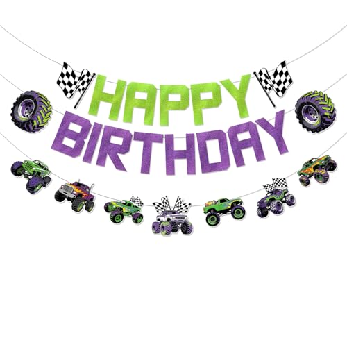 Pre-strung Monster Truck Birthday Banner Monster Truck Party Decorations Green Purple Glitter Cars Birthday Banner Racing Theme Party Supplies Suitable for Boys Girls Baby Children Decor