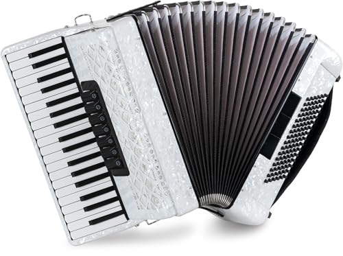 Classic Cantabile Secondo V Akkordeon 96 Bass weiß perloid 37 Diskanttasten (G-g) 3-chörig 5 Register - Einsteiger Akkordeon inkl. Tasche & Tragegurte - für Musikschule & Zuhause
