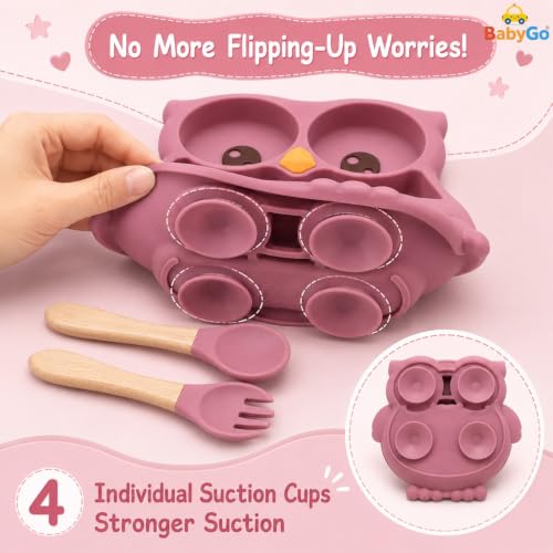 Image of BabyGo Silicone Suction Plate for Babies & Toddlers | 3-Section Owl-Shaped Feeding Set | Strong Suction Cups | BPA-Free, Microwave Safe | Self-Feeding| 1 Plate & 2 Spoons | Pink
