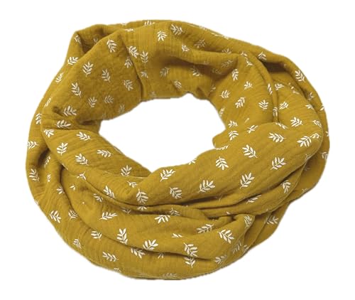 Landhuis handmade – Loop Schal Musselin senfgelb mit Blätterprint | Schlauchschal aus 100 % Baumwolle | Leicht & stilvoll für Frühling, Sommer, Herbst