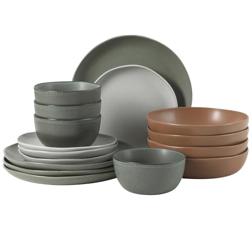 Gibson Elite Menlo Park 16-Piece Pottery Clay Stoneware Dinnerware Set – Assorted Color Reactive Glaze, Organic Shape Embossed Plates and Bowls W/Pasta Bowl, Service for 4 Microwave Dishwasher Safe by Gibson Elite - Used condition - US$63.80