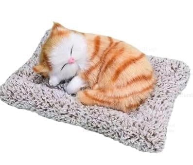 Image of Sleeping Cat Car Dashboard Toy with Soft Plush Fur and Non Slip Base - Cute Kitten Decorative Showpiece for Car Interior, Home Decor Desk Accessory for Dashboard Styling (White & Brown)