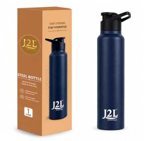 Image of J2L Stainless Steel Water Bottle 1 Litre | 1000 ML Steel Water Bottle | Leakproof Water Bottle for Adults, Office, School & Gym | Durable Reusable Water Bottle | Steel Water Bottle Navy Blue