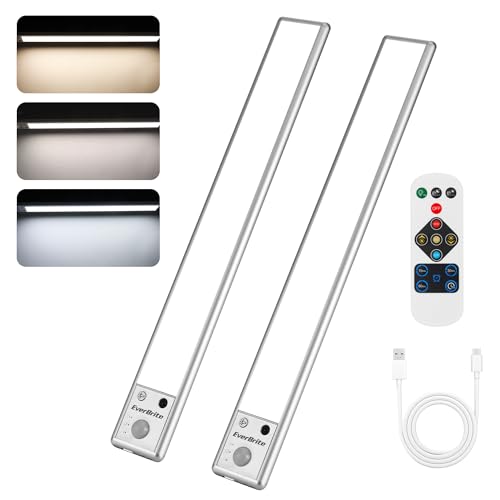 EverBrite Luce LED 2 Pezzi con Sensore di Movimento, Ricaricabile con Telecomando, 78 LED, 3 Modalità, Batteria 2200mAh, Luce Regolabile 3000K/4000K/6500K, per Armadio, Scala, Cucina, Corridoio