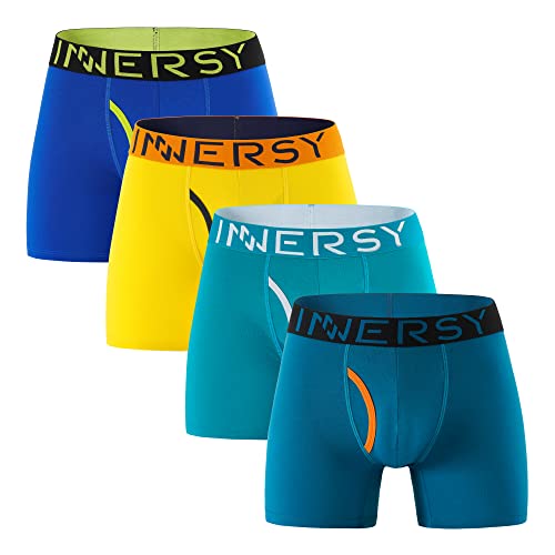 INNERSY Unterhosen Männer Lang Boxershorts mit Eingriff Baumwolle Retroshorts Herren 4er Pack (L, Blau/Grün/Eisblau/Gelb)