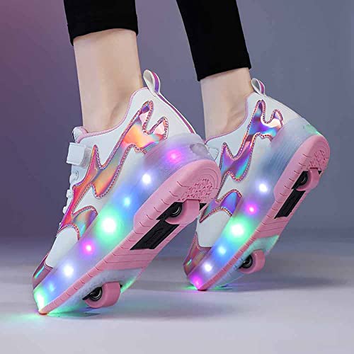 Foto von LED Blinkend Skateboard Schuhe mit Doppelt Rollen Rollschuhe Automatisch Einziehbar Gymnastik Rollerblades Sneaker Kinderschuhe für Jungen Mädchen Kinder