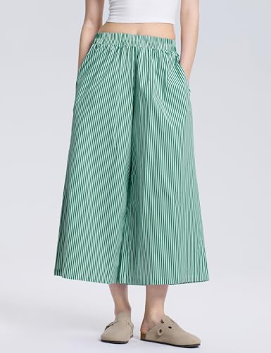 Image of LOMON Womens Wide Leg Capri Pants Gingham Plaid Culottes Summer Elastic Waist Palazzo Trousers Bottoms with Pockets
