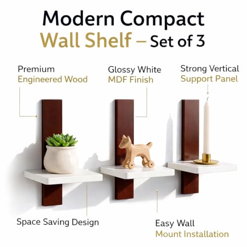 Image of Set of 3 Wall Mounted Floating Shelves | White Wooden Display Shelf with Brown Vertical Back Panel | Modern Minimalist Wall Decor for Living Room, Bedroom & Office | Engineered Wood