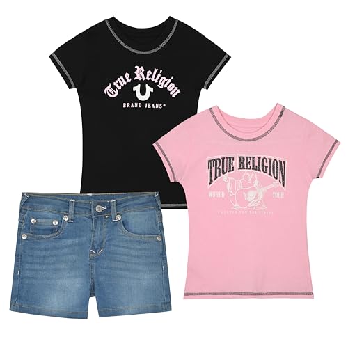 Image of True Religion Girls Jeans Shorts Set Girls Denim Short and Fashion Tee Shirt Clothing Set for Kids