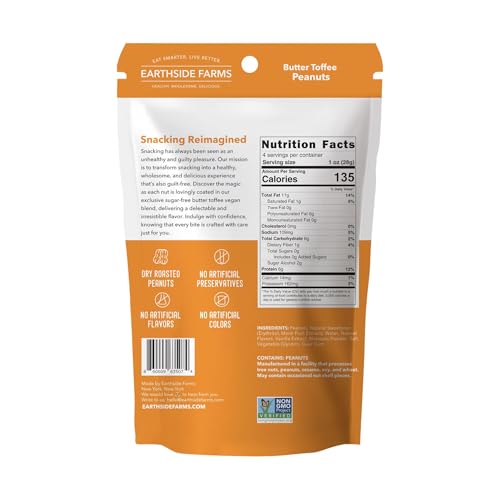 Image of Earthside Farms Butter Toffee Peanuts, 10 Count 4oz Resealable Snack Bags, No Sugar Added, Keto Friendly, Vegan, Gluten Free, Non GMO, Low Carb, High Protein, Candied Peanuts Snack