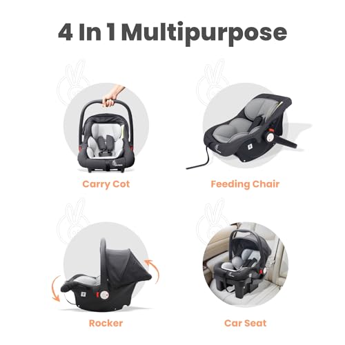 Image of R for Rabbit Picaboo Grand 4 in 1 Multi Purpose Baby Carry Cot Cum Car Seat with 3 Level Recline Position and Detachable Base Carry cot for 0 to 15 Months Baby (Black Grey)