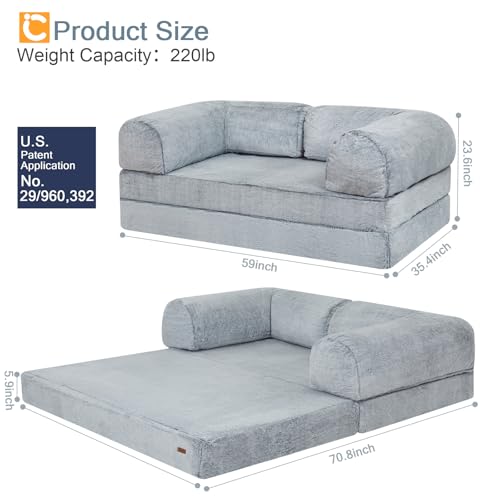 COMAX Folding Sofa Bed Queen, Foldable Couch Bed, Fold Out Futon Chair Sleeper for Adults, Convertible Floor Mattress Sofa for Bedrooom Living Room, Snow Light Grey