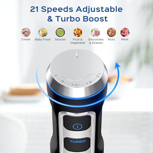 Immersion Blender 5 in 1 Hand Blender, Electric Blenders Max 1000W Heavy Duty Motor, 21 Speed & Turbo Mode Handheld Blender, Milk Frother, Egg Whisk, 800ml Beaker, 600ml Chopper Stainless Steel Blades image 3