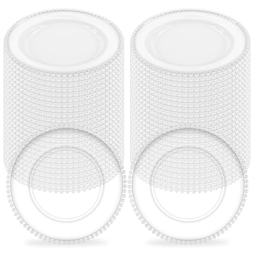 Tomeurperf 50Pcs Clear Charger Plates Bulk Wedding - 13 Premium Clear Plastic Chargers with Beaded RimTransparent Decorative Dinner Charger Plates for Events & Parties