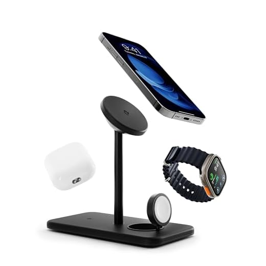 Twelve South HiRise 3 Deluxe, Compact Luxury Wireless Magsafe Charging Stand for iPhone, AirPods and Apple Watch - Includes US Power Supply with 5 Foot Cord, Plus International Plug Adapters, Black