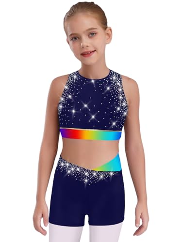 Girls Shiny Pcs Gymnastics Dance Sports Outfit Rhinestone Racer Crop Top With Shorts