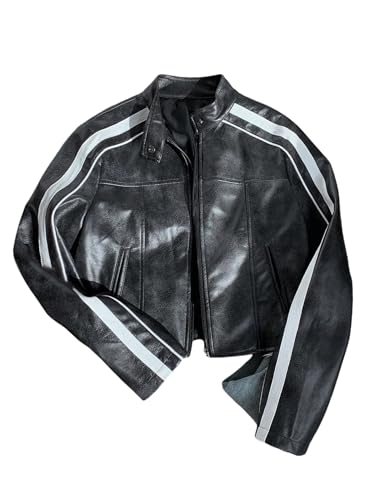 MakeMeChic Girl's Striped PU Leather Zip Up Jacket Long Sleeve Mock Neck Streetwear Y2K Coats