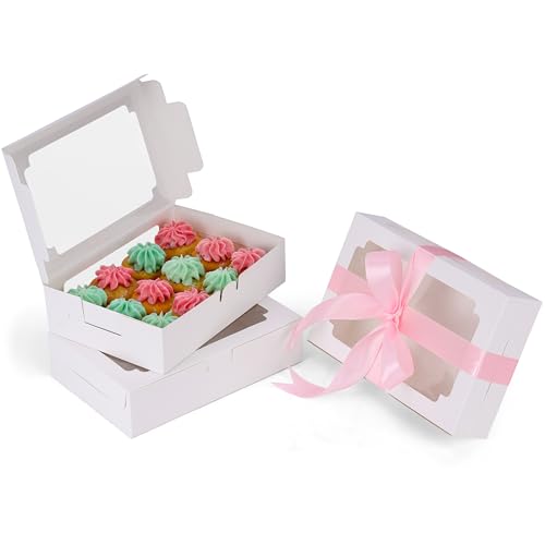 Belle Vous Boite de Gateaux en Carton Blanche avec Fenêtre (Lot de 20) - 13,5 x 20,3 x 5 cm - Emballage Patisserie Jetable - Cookies, Cupcakes, Tartes &...