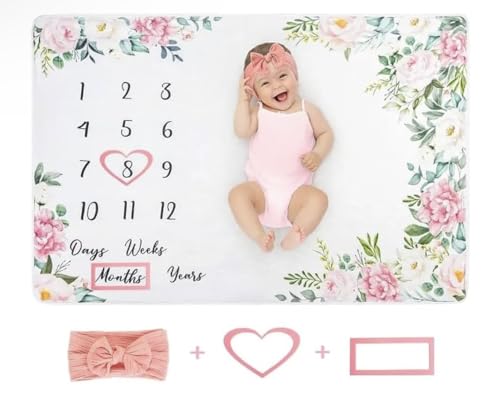 Image of Baby Milestone Blanket for Baby Girl - Monthly and Year Age Blankets with Number Chart - Including Headband and Frames - Blanket Size 60"x40" - Floral Theme