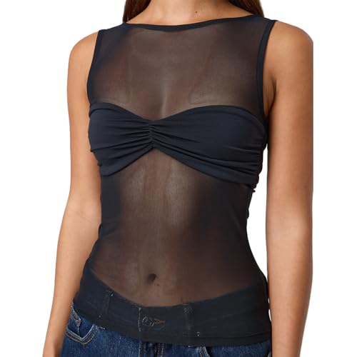 Giraropa Sheer Mesh Top for Women Summer Sleeveless Crew Neck Slim Fit Tank Tops Sexy See Through Blouse Shirt