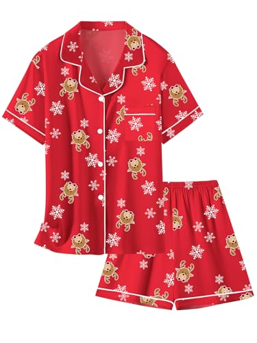 Image of Schbbbta Girls Womens Pajamas, Satin Silky Pjs Set Kids 2Pcs Button-Down Nightwear Sleepwear Gift for Mommy and me