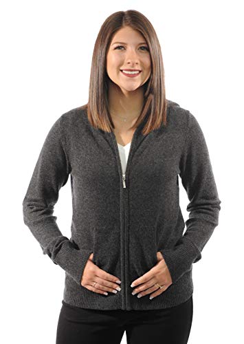 Gigi Reaume 100% Cashmere Hoodie Sweater, Zip Front Cardigan with Pockets (Small, Charcoal Grey)