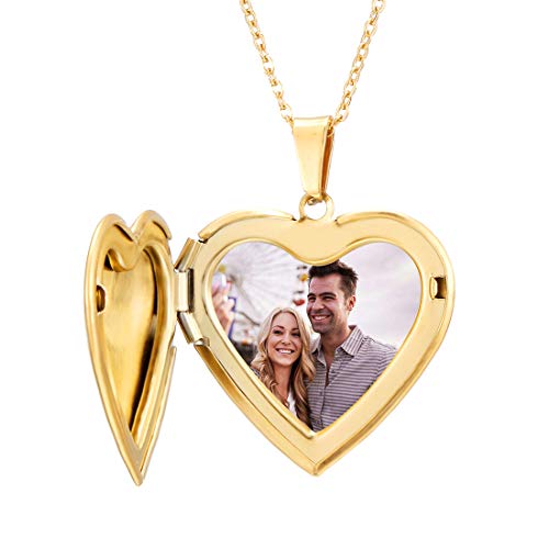 Personalized Polished Love Heart Locket Pendant Necklace That Holds Pictures in Polished Memory Photo Lockets Stainless Steel Engraved Any Text & Symbols Birthday Gifts Customized for Women Girls