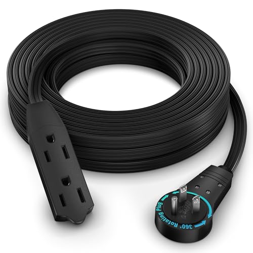 Maximm Cable 30 Ft 360° Rotating Flat Plug Extension Cord, 16/3 AWG Multi 3 Outlet 3-Prong Grounded Wire- Black - UL Certified