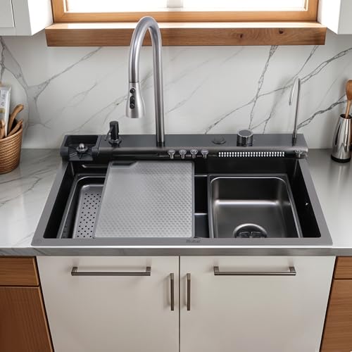 Image of Ruhe Opera Black Smart Waterfall Kitchen Sink | 30x18x9 inches | Digital Display | Pull-Out & RO Faucet | Piano Key Controls | Automatic Cup Washer | 304-Grade Stainless Steel Kitchen Sink