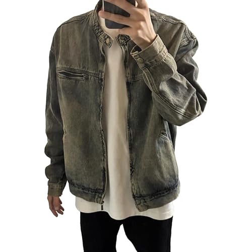 Men's Banded Collar Denim Jacket Distressed Moto Button Down Denim Shirt Full Zip Long Sleeve Winter Jacket