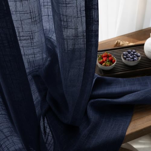 Image of THE LINEN COMPANY Cotton Linen Solid Window Curtain, Farm House Curtains 2 Pcs Set with Steel Eyelet Rings :- 5 Feet (Dark Blue, Pack of 2) | Sheer