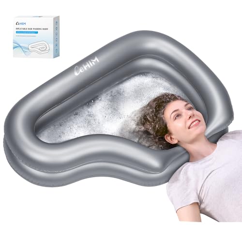 Cehim Silver Curved Inflatable Portable Shampoo Bowl Zero Water Accumulation Hair Washing Basin with Neck Support & Drain Hose For Bedridden Elderly Disabled Pregnant Dreadlocks Home Hospital Care