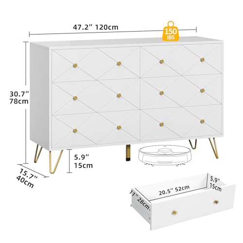 DWVO White 6 Drawer Dresser for Bedroom, Upgrade Large Wood Dresser Chest of Drawers with Fluted Panel & Golden Metal Handle, Modern Double Dresser Storage Cabinet for Living Room, Hallway, Entryway