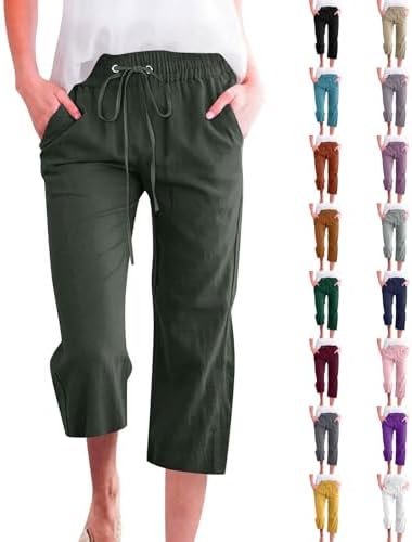 Capri Pants for Women Summer Cotton Linen Loose Cropped Wide Leg Pants Drawstring High Waist Trousers with Pockets
