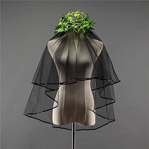 Wedity 2-stufiger Brautschleier Kurzer Schleier mit Bandkante Braut Hochzeit Haarschmuck Abdeckungen Schleier mit Kamm für Frauen und Mädchen (Schwarz) Cover