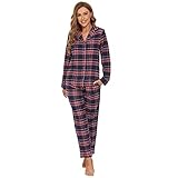 Mnemo Home Damen Schlafanzug Lang Flanell Pyjama Damen 100% Baumwolle aus Flanell (Blaues Pulver mit Golddraht, M)