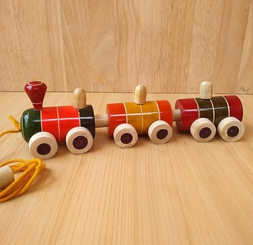 Image of Channapatna Toys Wooden Train for 12 Months & Above Kids, Toddlers, Infant & Preschool Toys - Multicolor - with Attached String- Encourage Walking, Free Tiger peg Doll